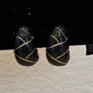 1980s Vintage Clip Earrings - Black and Gold Tone